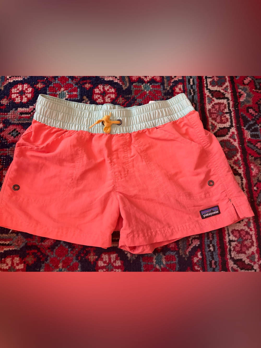 Patagonia Coral-Pink Athletic Shorts with Cream Waistband Size 12/L